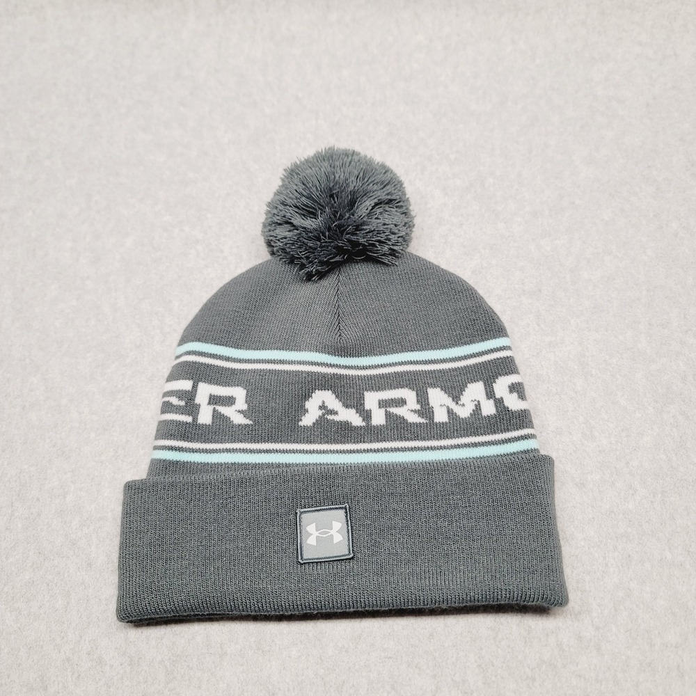 Under Armour Halftime Pom Beanie Unisex Gray/Blue Classic Cuff Knit Hat Cap